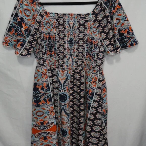 Shein Curve Boho Chic Dress Exotic Blue Orange Shirred bodice Women's Size 1X - Picture 6 of 9